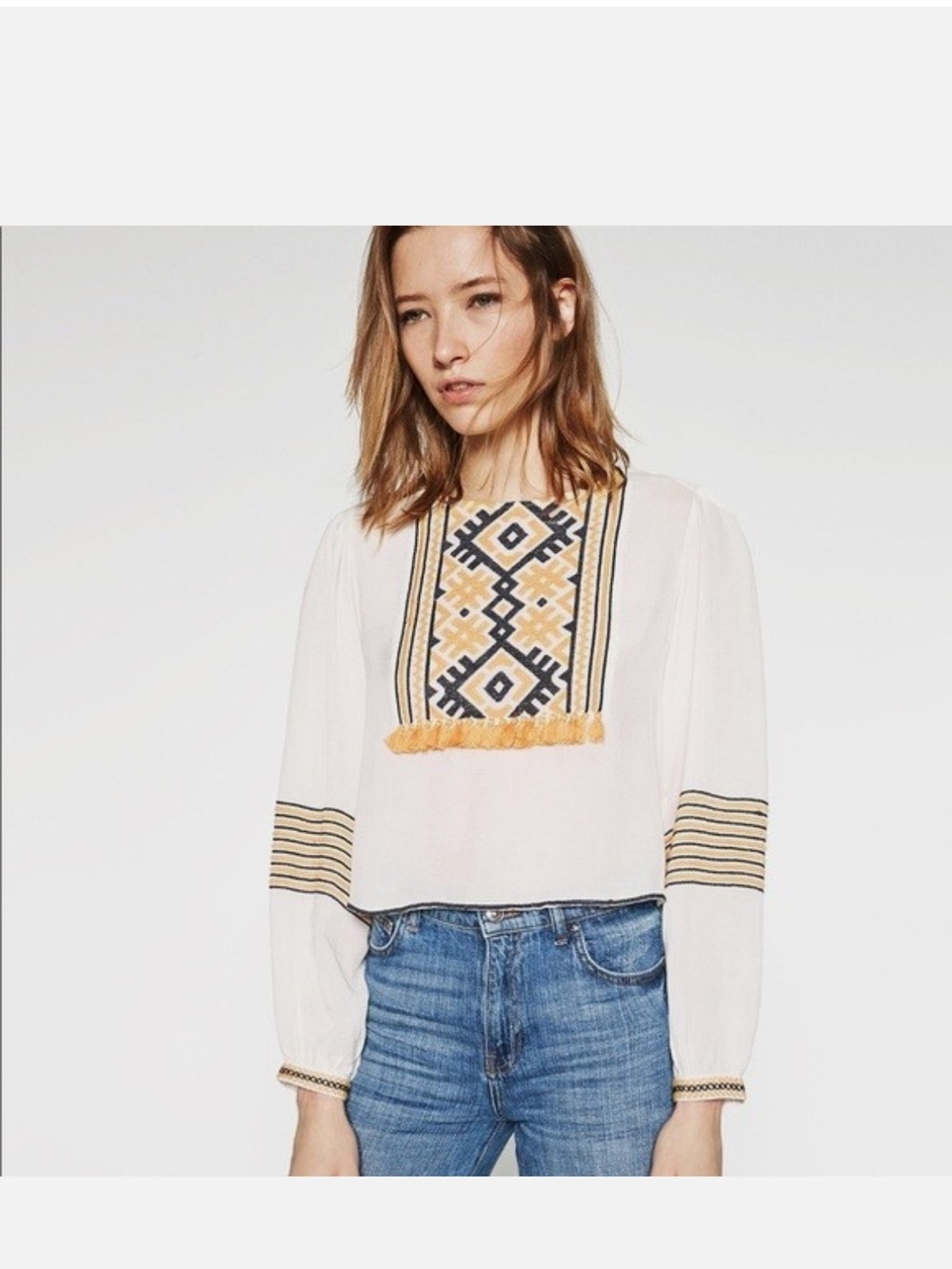 ZARA Folk Boho Embroidered Tassel Cropped Top Blouse